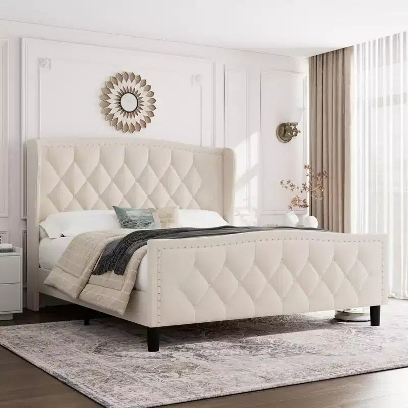 Struttura letto imbottita con testiera ad ali in velluto grigio, Queen/King, 1-2 persone