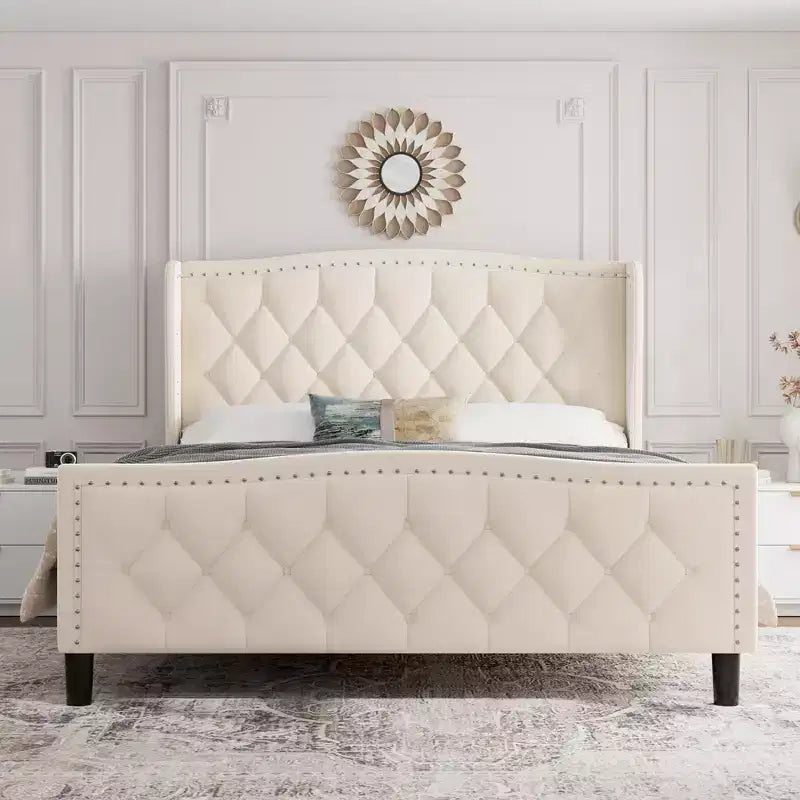 Struttura letto imbottita con testiera ad ali in velluto grigio, Queen/King, 1-2 persone