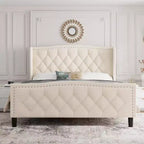 Struttura letto imbottita con testiera ad ali in velluto grigio, Queen/King, 1-2 persone