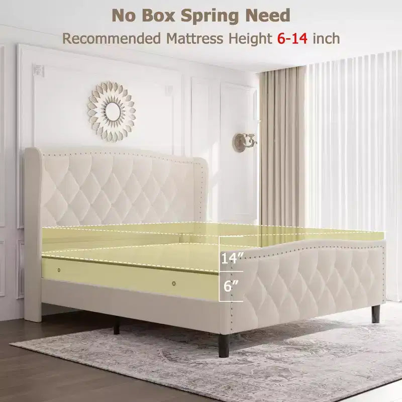 Struttura letto imbottita con testiera ad ali in velluto grigio, Queen/King, 1-2 persone