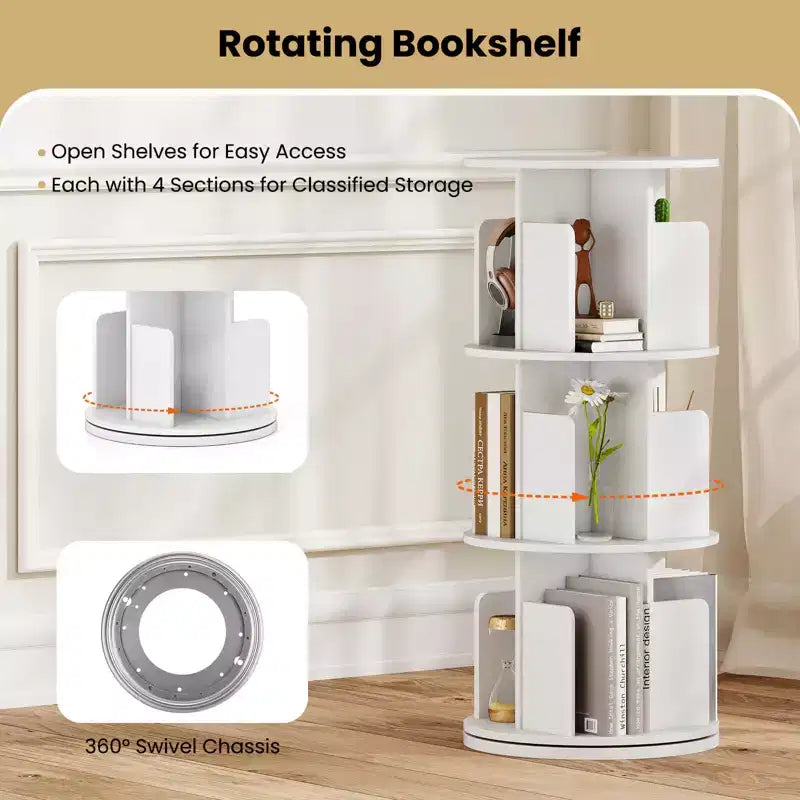 Libreria girevole a 3 livelli a 360° con divisori, colore naturale/bianco, 1-2 persone