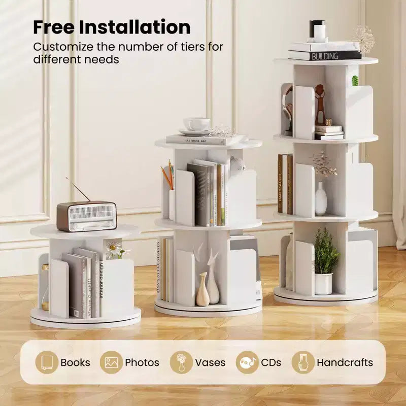 Libreria girevole a 3 livelli a 360° con divisori, colore naturale/bianco, 1-2 persone