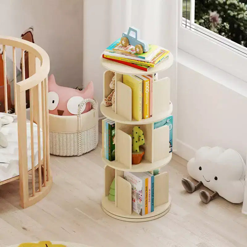 Libreria girevole a 3 livelli a 360° con divisori, colore naturale/bianco, 1-2 persone