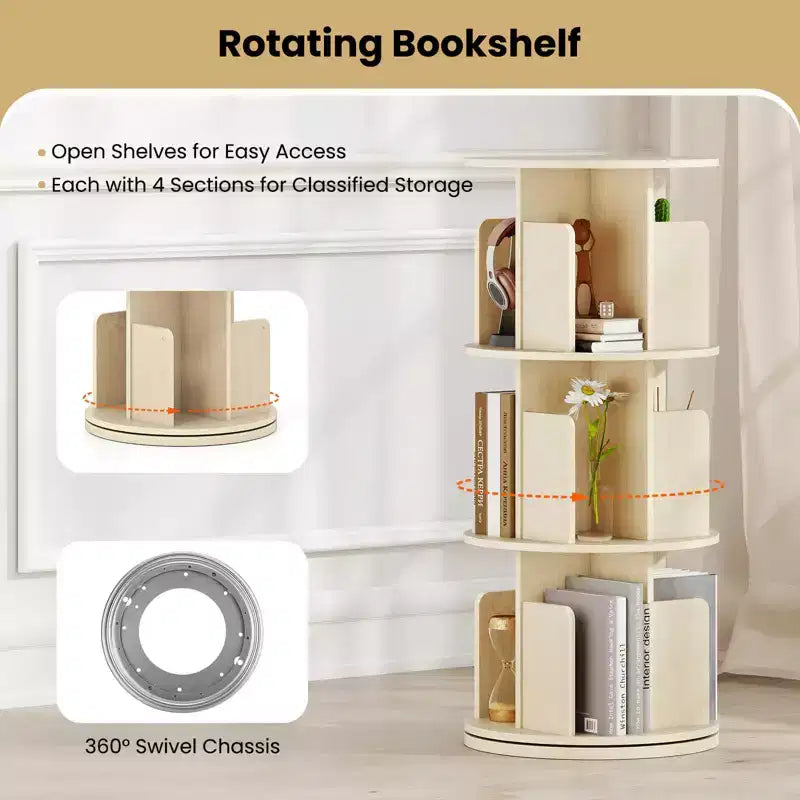 Libreria girevole a 3 livelli a 360° con divisori, colore naturale/bianco, 1-2 persone