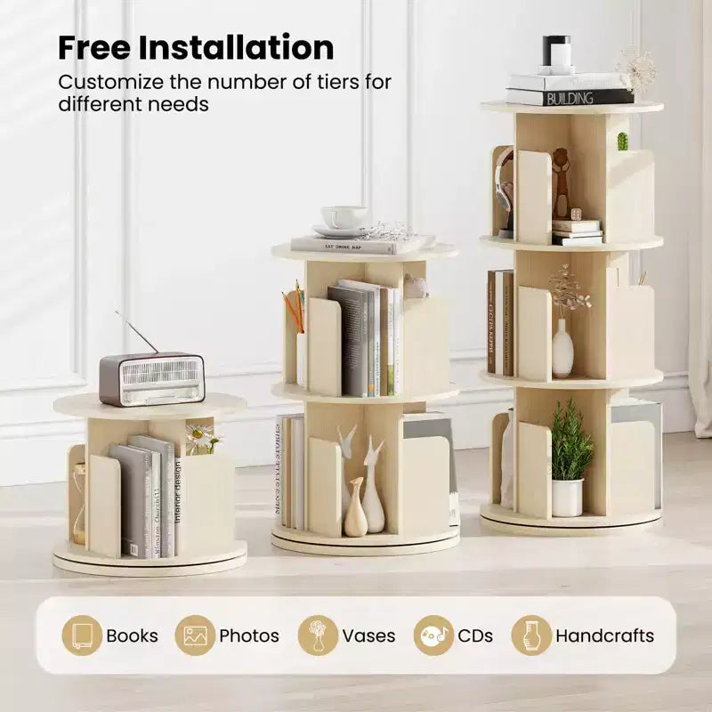 Libreria girevole a 3 livelli a 360° con divisori, colore naturale/bianco, 1-2 persone