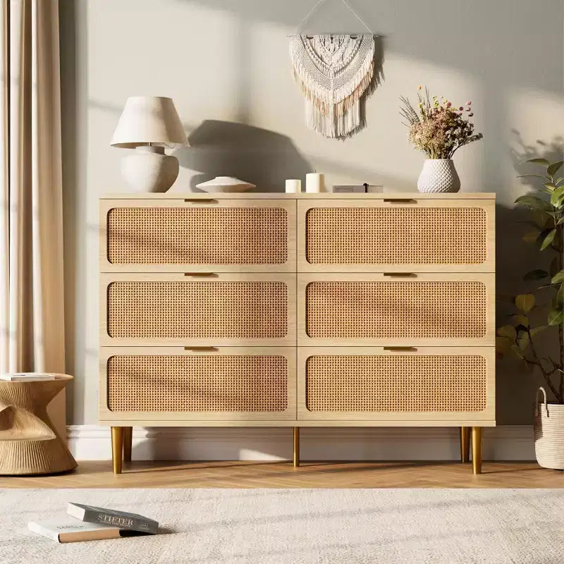 Comò doppio in legno naturale, 6 cassetti profondi, Per 1-2 persone