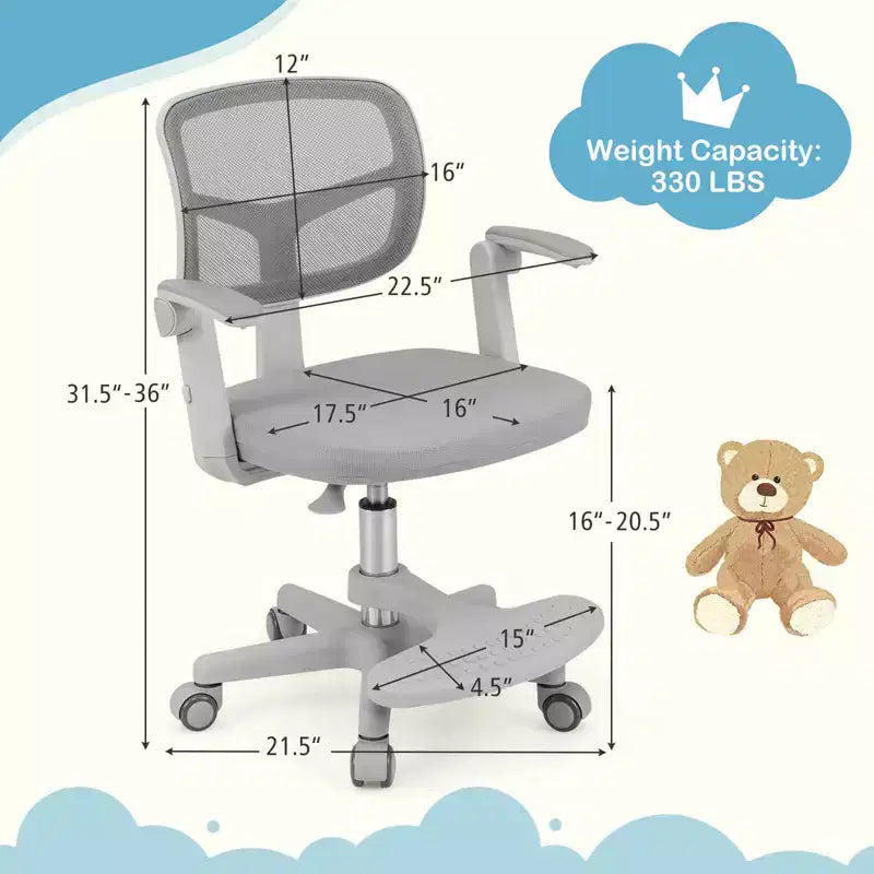 Sedia da Scrivania per Bambini con Altezza, Braccioli e Poggiapiedi Regolabili – Blu/Grigio/Verde/Rosa/Viola, per 1 Bambino