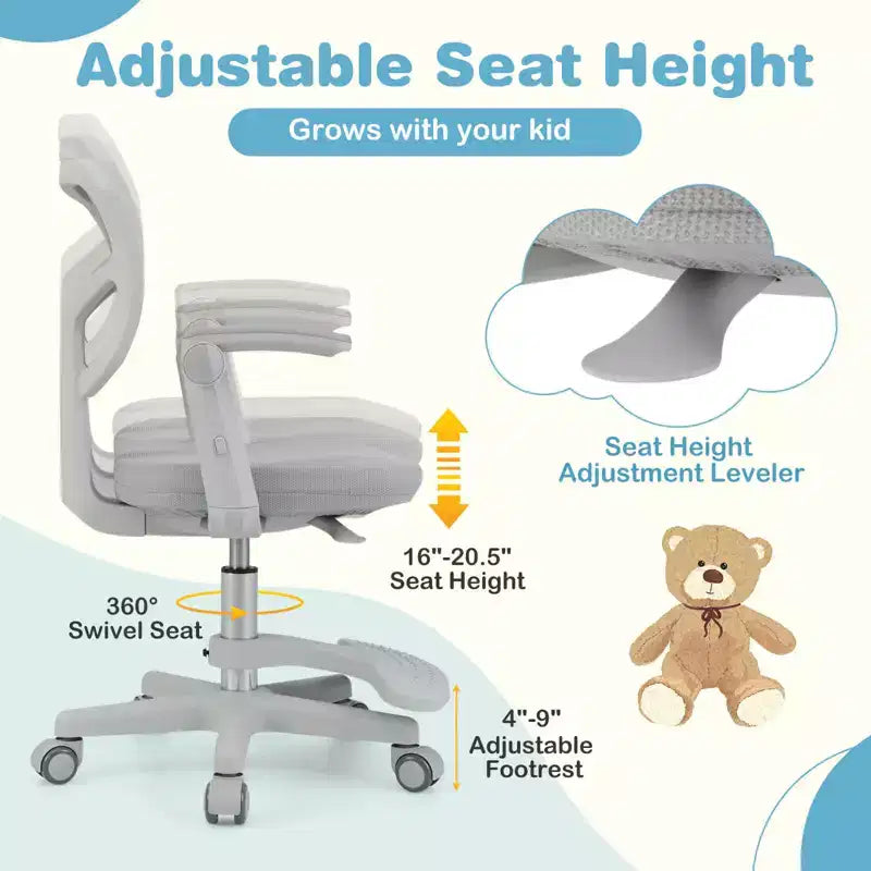 Sedia da Scrivania per Bambini con Altezza, Braccioli e Poggiapiedi Regolabili – Blu/Grigio/Verde/Rosa/Viola, per 1 Bambino