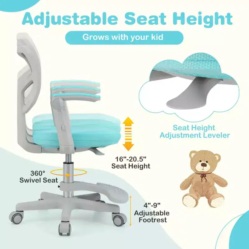 Sedia da Scrivania per Bambini con Altezza, Braccioli e Poggiapiedi Regolabili – Blu/Grigio/Verde/Rosa/Viola, per 1 Bambino