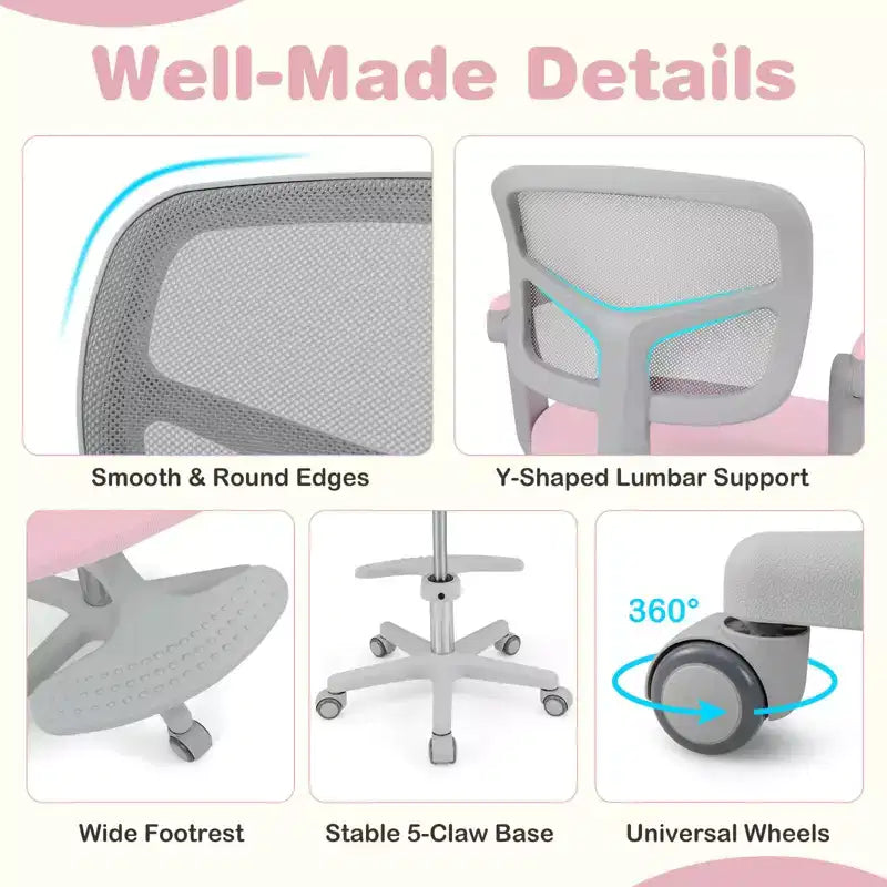 Sedia da Scrivania per Bambini con Altezza, Braccioli e Poggiapiedi Regolabili – Blu/Grigio/Verde/Rosa/Viola, per 1 Bambino