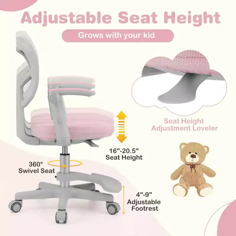 Sedia da Scrivania per Bambini con Altezza, Braccioli e Poggiapiedi Regolabili – Blu/Grigio/Verde/Rosa/Viola, per 1 Bambino