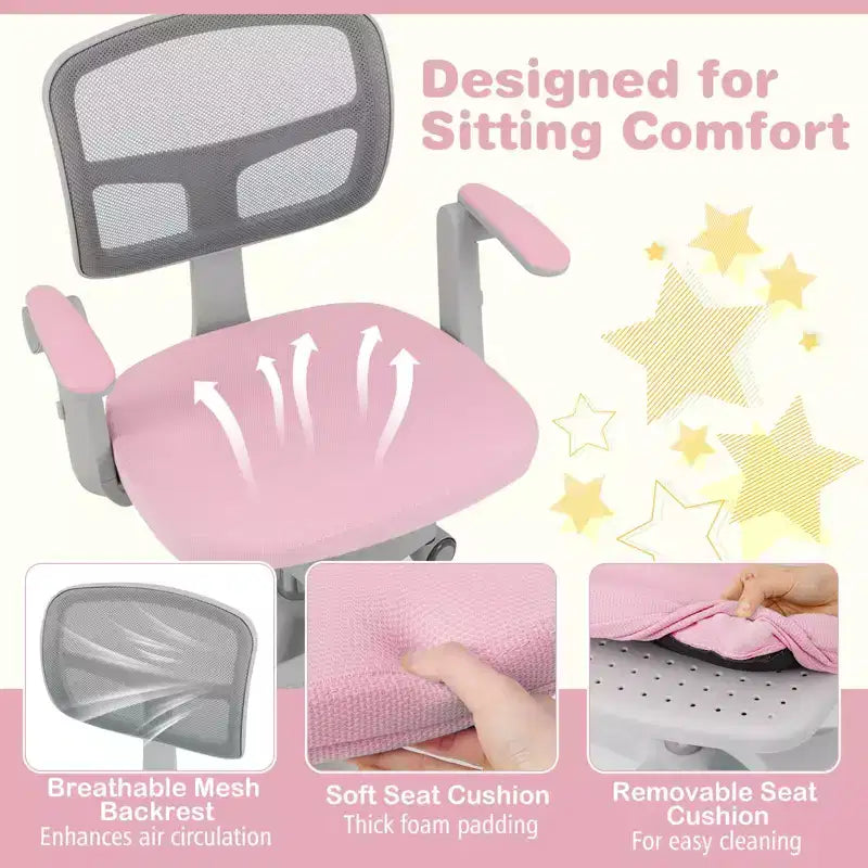 Sedia da Scrivania per Bambini con Altezza, Braccioli e Poggiapiedi Regolabili – Blu/Grigio/Verde/Rosa/Viola, per 1 Bambino