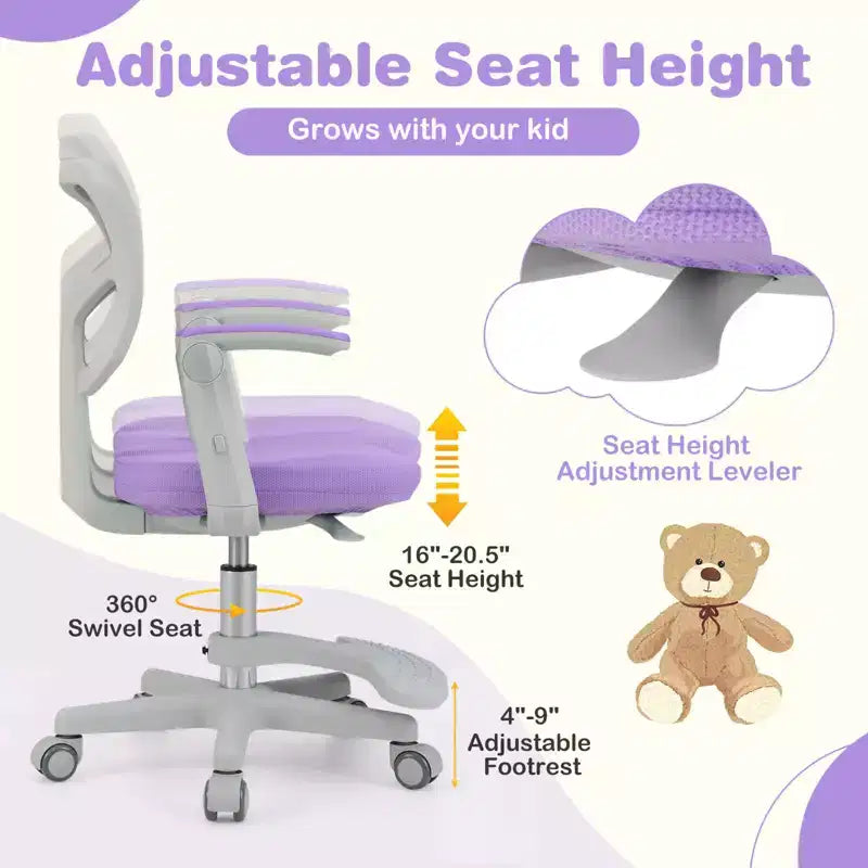 Sedia da Scrivania per Bambini con Altezza, Braccioli e Poggiapiedi Regolabili – Blu/Grigio/Verde/Rosa/Viola, per 1 Bambino