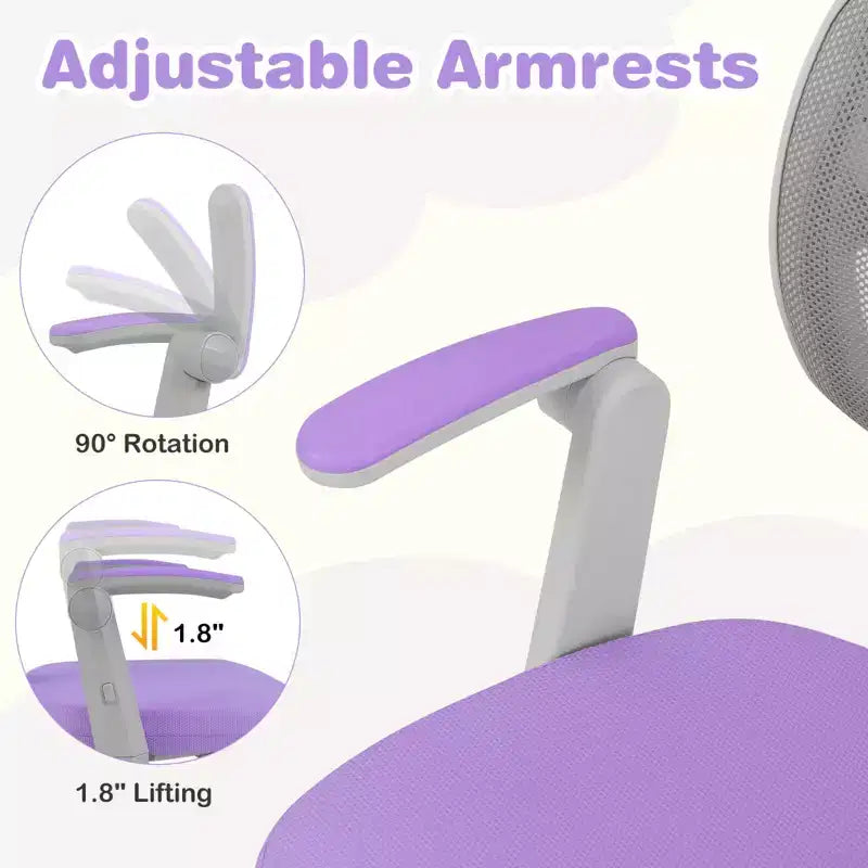 Sedia da Scrivania per Bambini con Altezza, Braccioli e Poggiapiedi Regolabili – Blu/Grigio/Verde/Rosa/Viola, per 1 Bambino