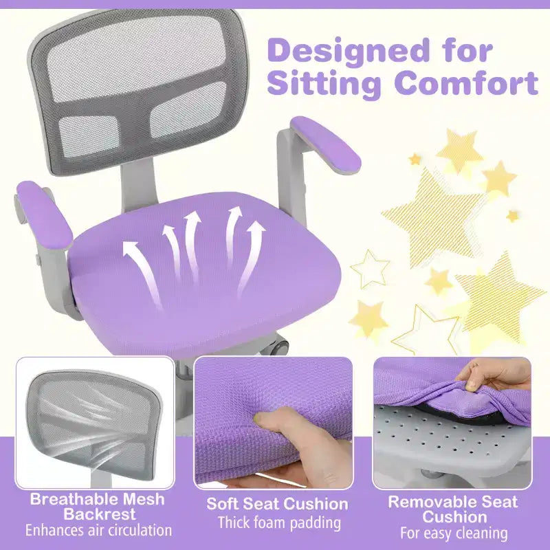 Sedia da Scrivania per Bambini con Altezza, Braccioli e Poggiapiedi Regolabili – Blu/Grigio/Verde/Rosa/Viola, per 1 Bambino