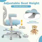 Sedia da Scrivania per Bambini con Altezza, Braccioli e Poggiapiedi Regolabili – Blu/Grigio/Verde/Rosa/Viola, per 1 Bambino