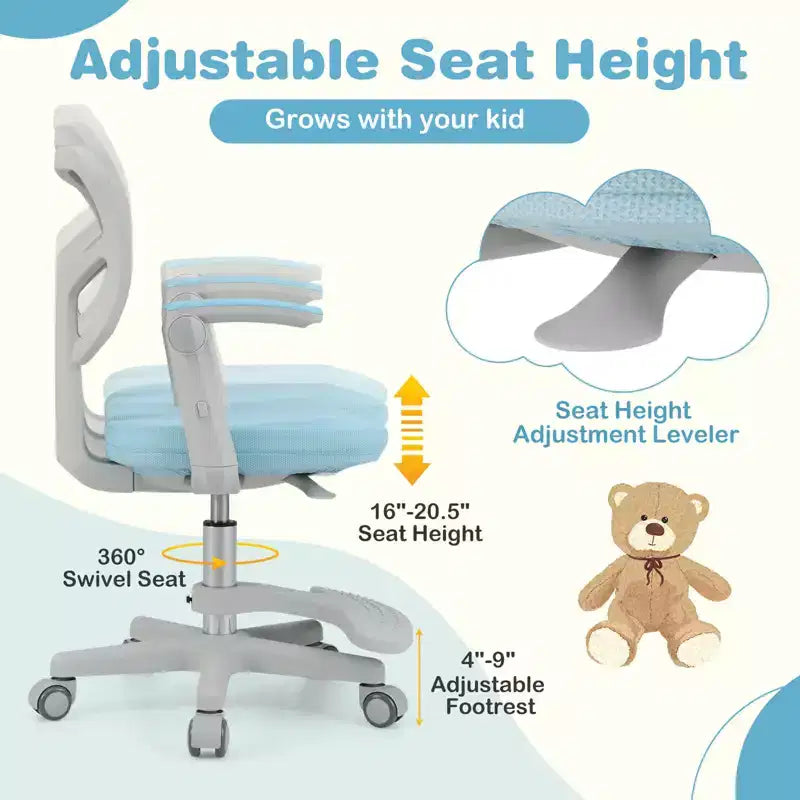 Sedia da Scrivania per Bambini con Altezza, Braccioli e Poggiapiedi Regolabili – Blu/Grigio/Verde/Rosa/Viola, per 1 Bambino