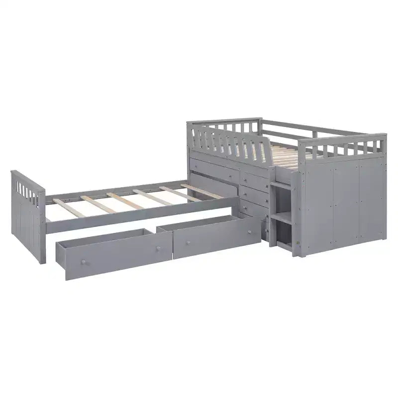 Grigio/Bianco, Letto a Soppalco Gemello a L e Letto a Piattaforma Gemello con 7 Cassetti, per 2 Bambini