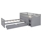 Grigio/Bianco, Letto a Soppalco Gemello a L e Letto a Piattaforma Gemello con 7 Cassetti, per 2 Bambini