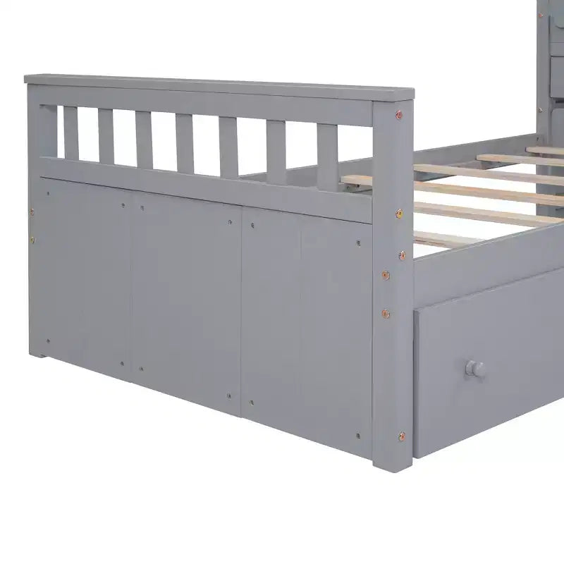 Grigio/Bianco, Letto a Soppalco Gemello a L e Letto a Piattaforma Gemello con 7 Cassetti, per 2 Bambini
