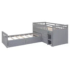 Grigio/Bianco, Letto a Soppalco Gemello a L e Letto a Piattaforma Gemello con 7 Cassetti, per 2 Bambini