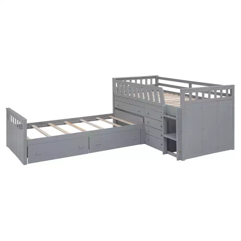 Grigio/Bianco, Letto a Soppalco Gemello a L e Letto a Piattaforma Gemello con 7 Cassetti, per 2 Bambini