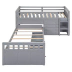 Grigio/Bianco, Letto a Soppalco Gemello a L e Letto a Piattaforma Gemello con 7 Cassetti, per 2 Bambini