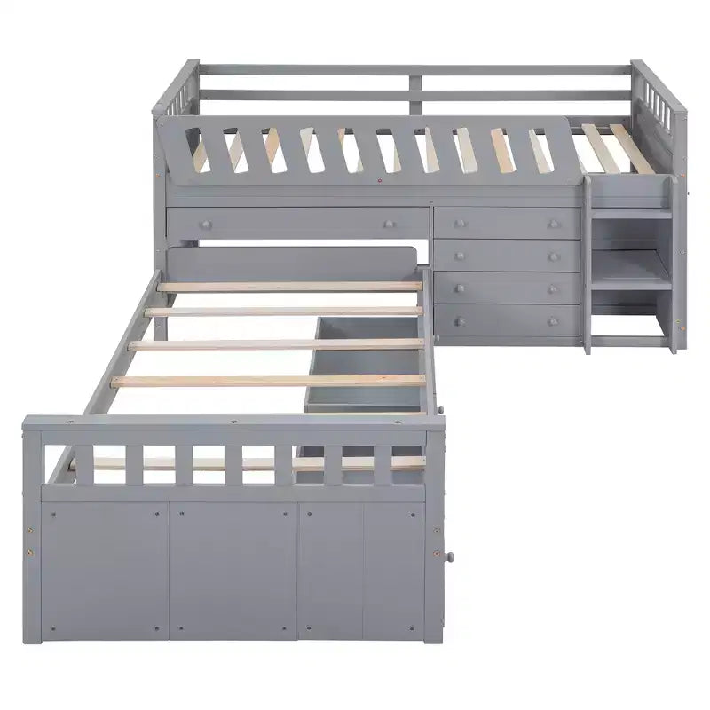 Grigio/Bianco, Letto a Soppalco Gemello a L e Letto a Piattaforma Gemello con 7 Cassetti, per 2 Bambini