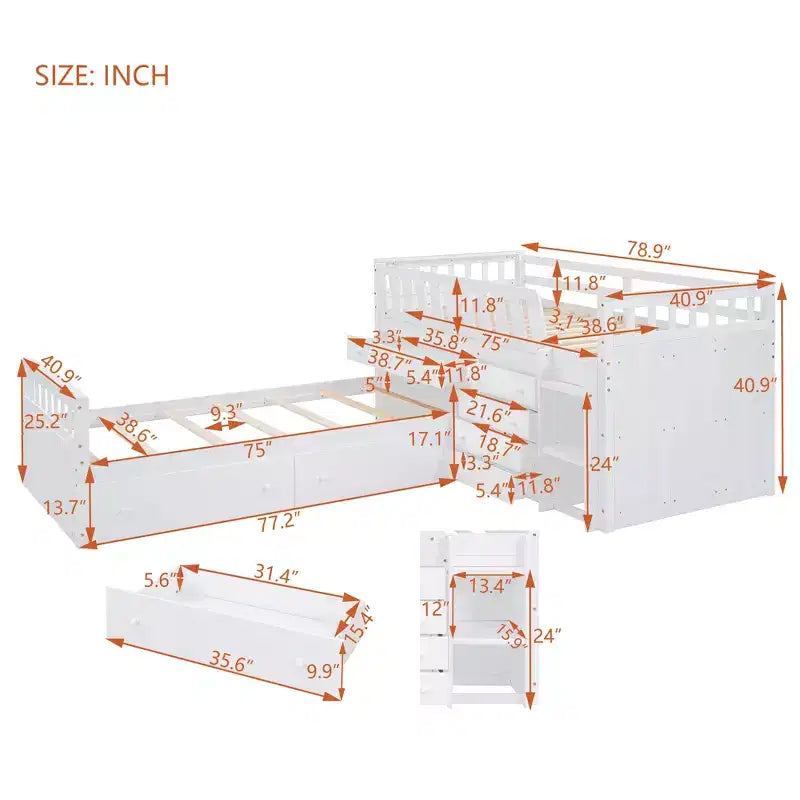 Grigio/Bianco, Letto a Soppalco Gemello a L e Letto a Piattaforma Gemello con 7 Cassetti, per 2 Bambini