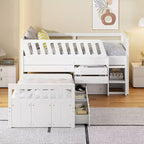 Grigio/Bianco, Letto a Soppalco Gemello a L e Letto a Piattaforma Gemello con 7 Cassetti, per 2 Bambini