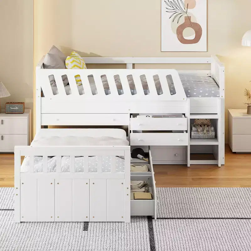 Grigio/Bianco, Letto a Soppalco Gemello a L e Letto a Piattaforma Gemello con 7 Cassetti, per 2 Bambini
