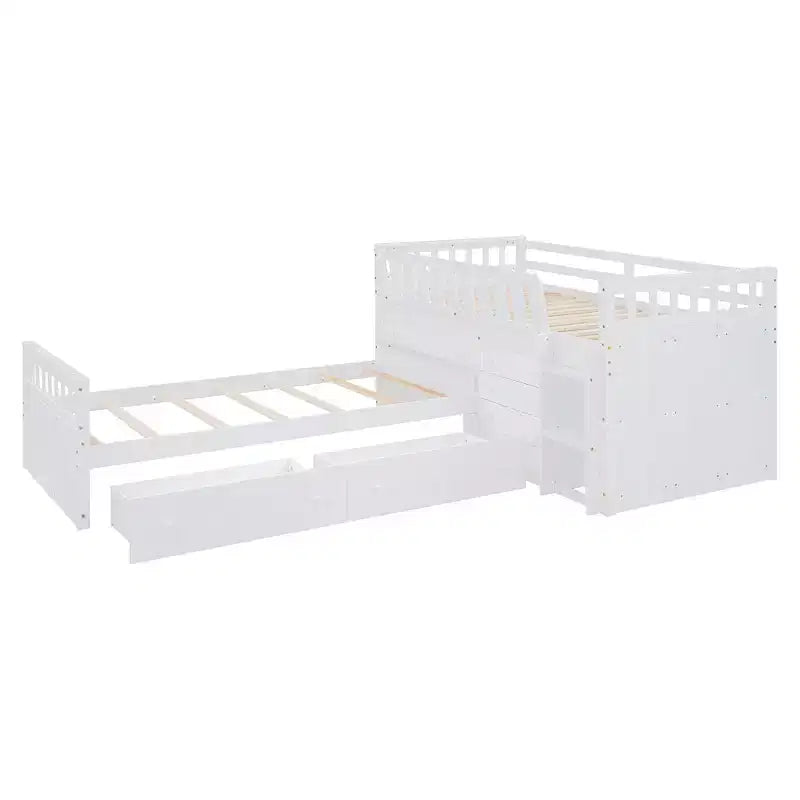Grigio/Bianco, Letto a Soppalco Gemello a L e Letto a Piattaforma Gemello con 7 Cassetti, per 2 Bambini