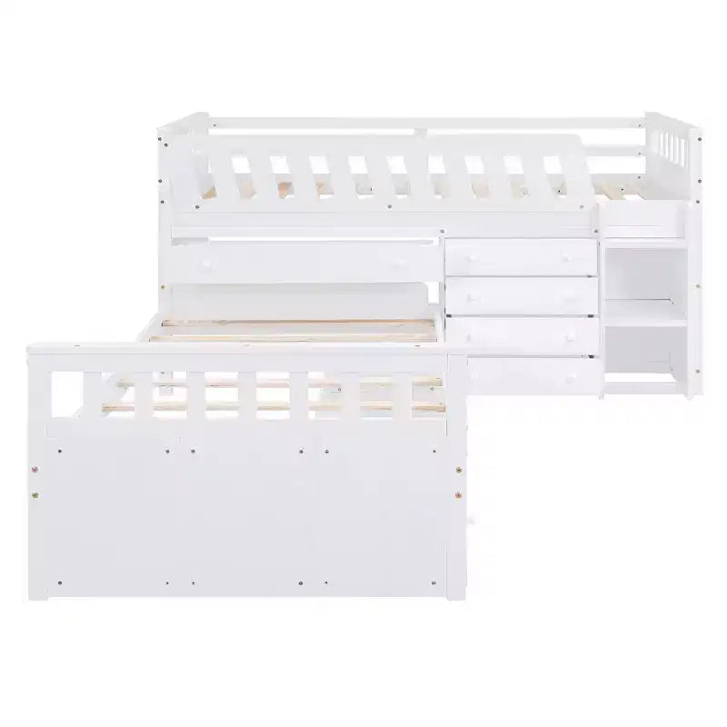 Grigio/Bianco, Letto a Soppalco Gemello a L e Letto a Piattaforma Gemello con 7 Cassetti, per 2 Bambini