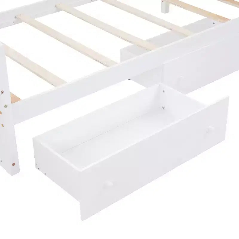 Grigio/Bianco, Letto a Soppalco Gemello a L e Letto a Piattaforma Gemello con 7 Cassetti, per 2 Bambini