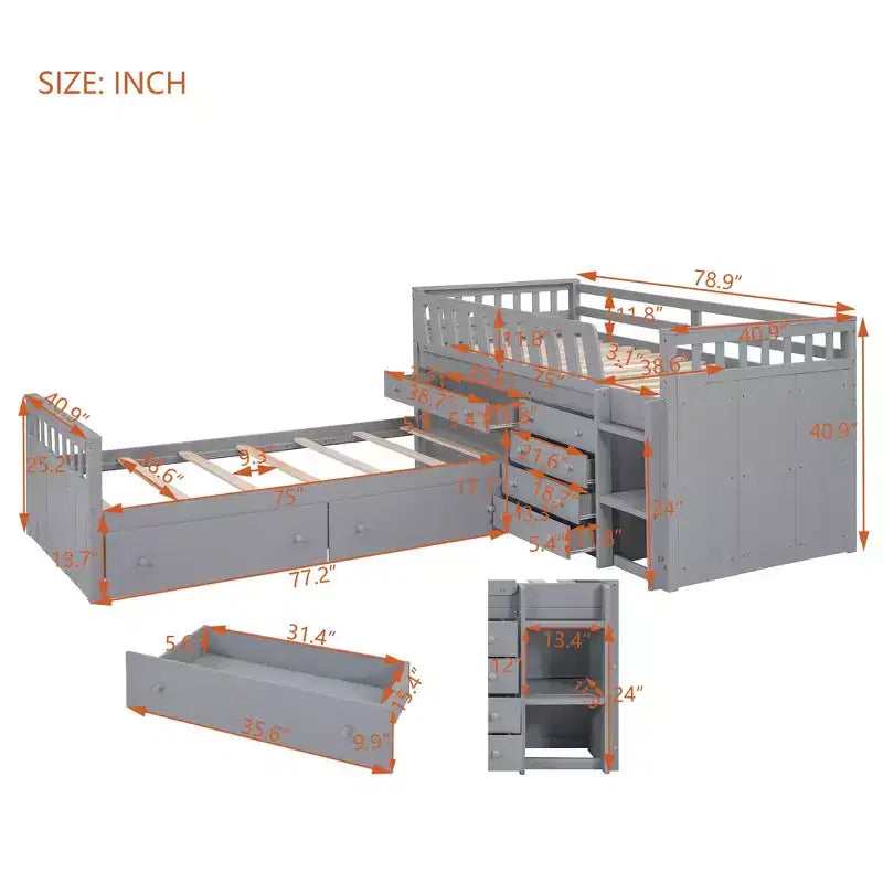 Grigio/Bianco, Letto a Soppalco Gemello a L e Letto a Piattaforma Gemello con 7 Cassetti, per 2 Bambini
