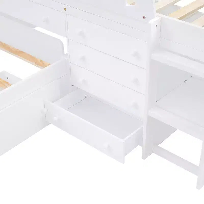 Grigio/Bianco, Letto a Soppalco Gemello a L e Letto a Piattaforma Gemello con 7 Cassetti, per 2 Bambini