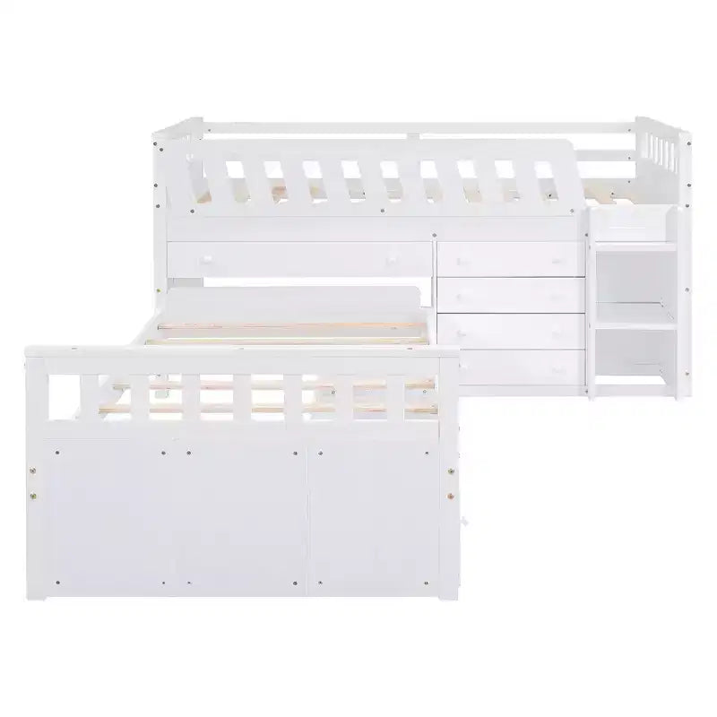 Grigio/Bianco, Letto a Soppalco Gemello a L e Letto a Piattaforma Gemello con 7 Cassetti, per 2 Bambini