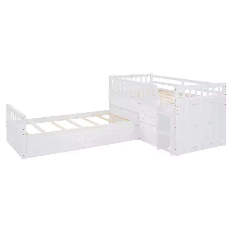 Grigio/Bianco, Letto a Soppalco Gemello a L e Letto a Piattaforma Gemello con 7 Cassetti, per 2 Bambini