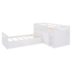 Grigio/Bianco, Letto a Soppalco Gemello a L e Letto a Piattaforma Gemello con 7 Cassetti, per 2 Bambini