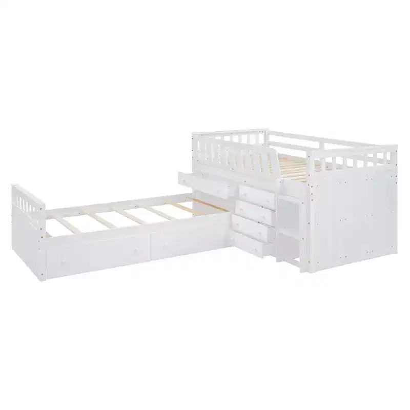 Grigio/Bianco, Letto a Soppalco Gemello a L e Letto a Piattaforma Gemello con 7 Cassetti, per 2 Bambini