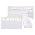 Grigio/Bianco, Letto a Soppalco Gemello a L e Letto a Piattaforma Gemello con 7 Cassetti, per 2 Bambini