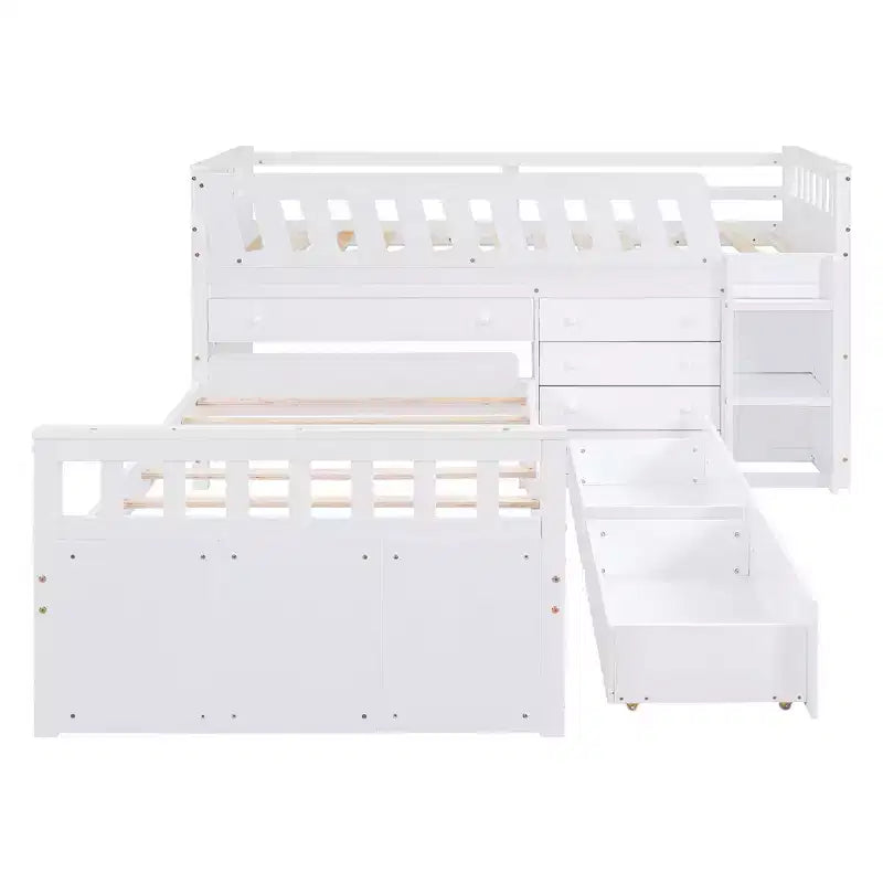 Grigio/Bianco, Letto a Soppalco Gemello a L e Letto a Piattaforma Gemello con 7 Cassetti, per 2 Bambini