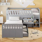 Grigio/Bianco, Letto a Soppalco Gemello a L e Letto a Piattaforma Gemello con 7 Cassetti, per 2 Bambini