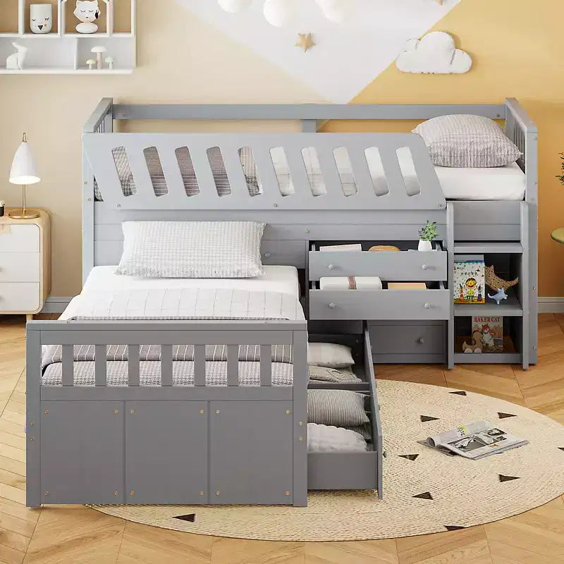 Grigio/Bianco, Letto a Soppalco Gemello a L e Letto a Piattaforma Gemello con 7 Cassetti, per 2 Bambini