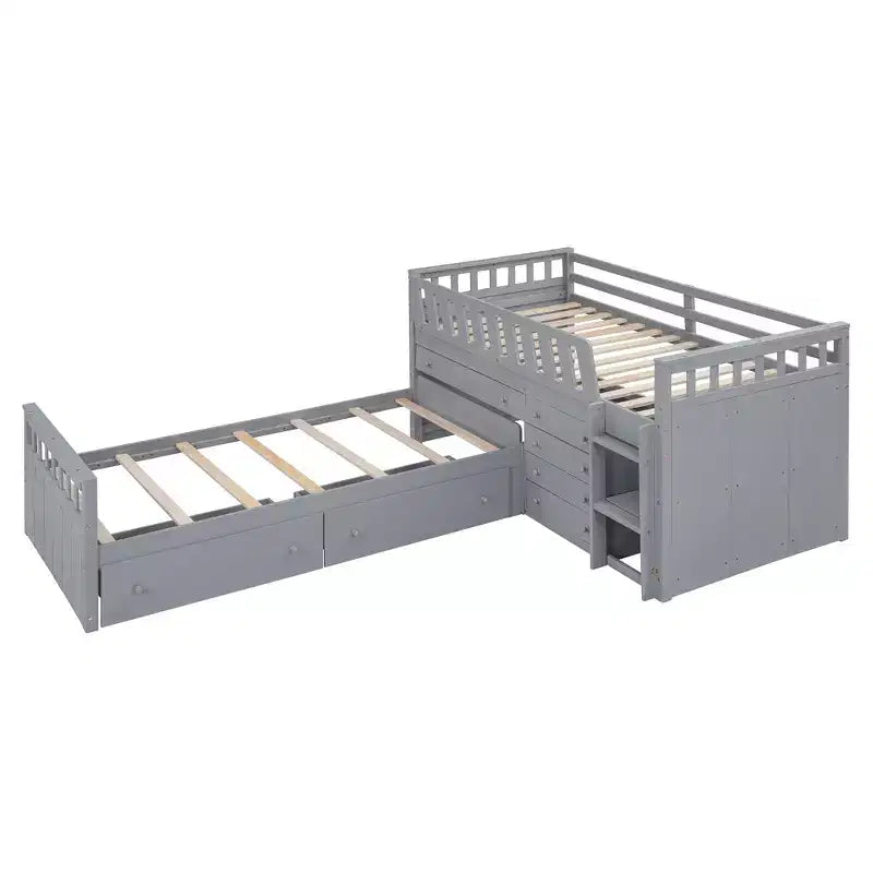 Grigio/Bianco, Letto a Soppalco Gemello a L e Letto a Piattaforma Gemello con 7 Cassetti, per 2 Bambini