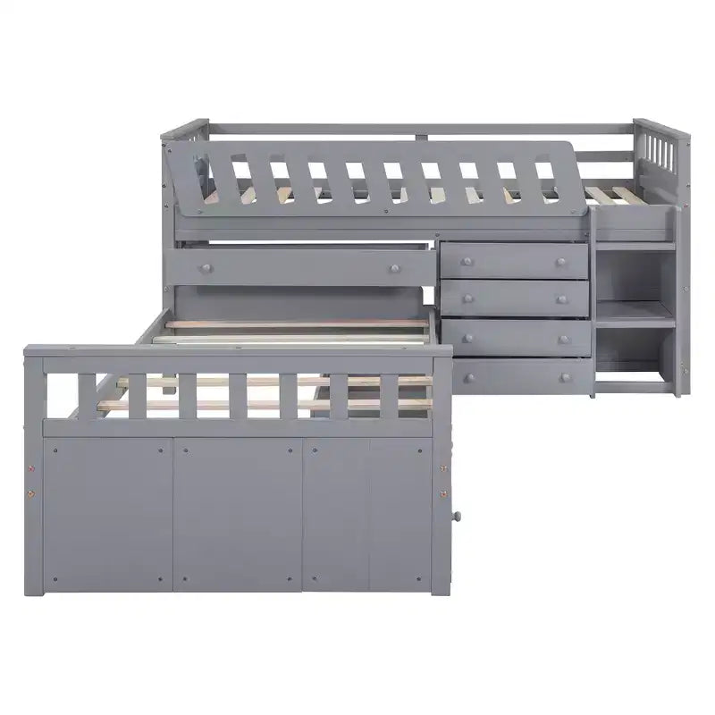 Grigio/Bianco, Letto a Soppalco Gemello a L e Letto a Piattaforma Gemello con 7 Cassetti, per 2 Bambini
