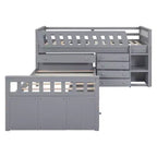 Grigio/Bianco, Letto a Soppalco Gemello a L e Letto a Piattaforma Gemello con 7 Cassetti, per 2 Bambini