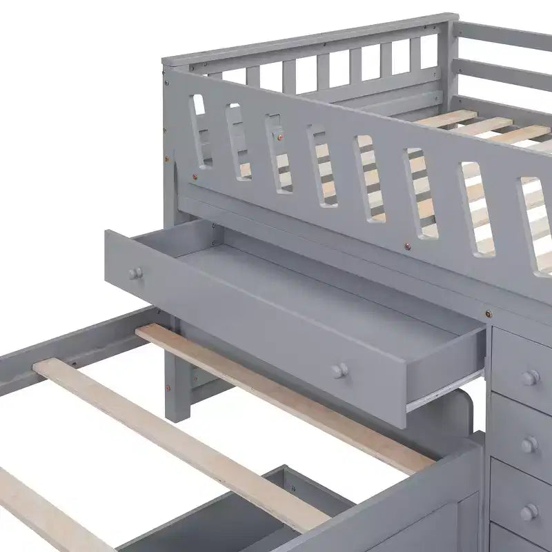 Grigio/Bianco, Letto a Soppalco Gemello a L e Letto a Piattaforma Gemello con 7 Cassetti, per 2 Bambini