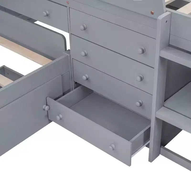 Grigio/Bianco, Letto a Soppalco Gemello a L e Letto a Piattaforma Gemello con 7 Cassetti, per 2 Bambini