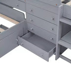 Grigio/Bianco, Letto a Soppalco Gemello a L e Letto a Piattaforma Gemello con 7 Cassetti, per 2 Bambini